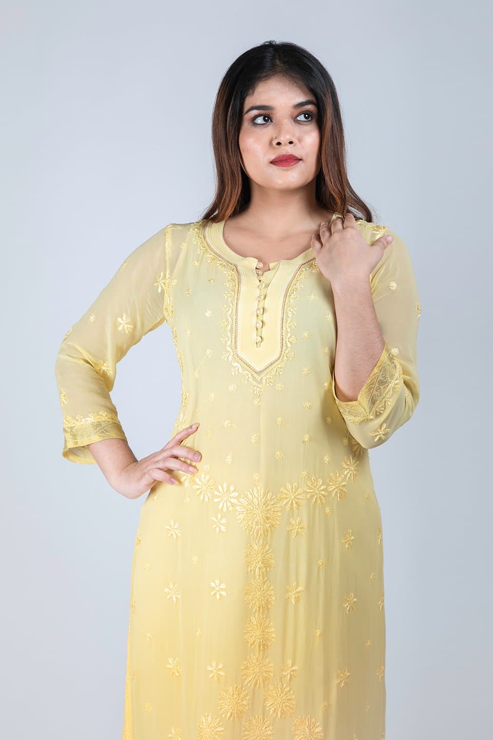 Yellow Lucknow Chikankari Georgette Kurta with Pearl buttons